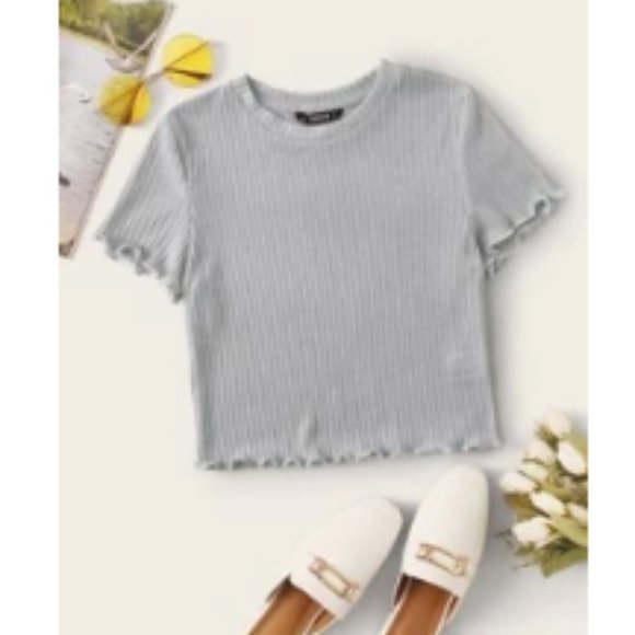 Grey Ribbed Lettuce-Edge Cropped Tee - Picture 2 of 2